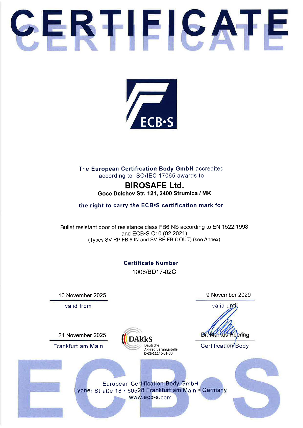 Bullet resistant door FB6 NS